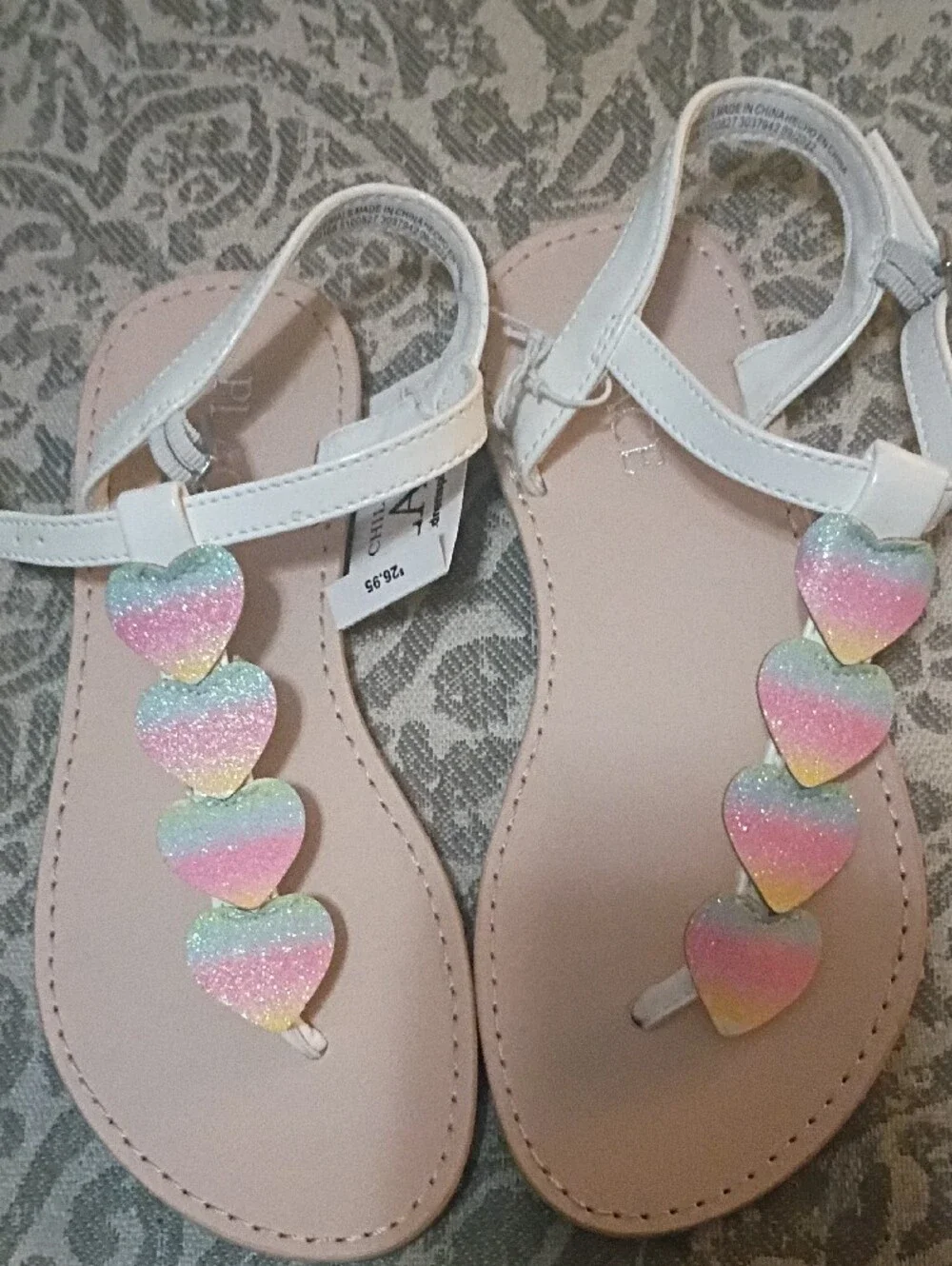 Children's Place White Girls' Sandals with Pastel Rainbow Heart Accents. 13. NWT